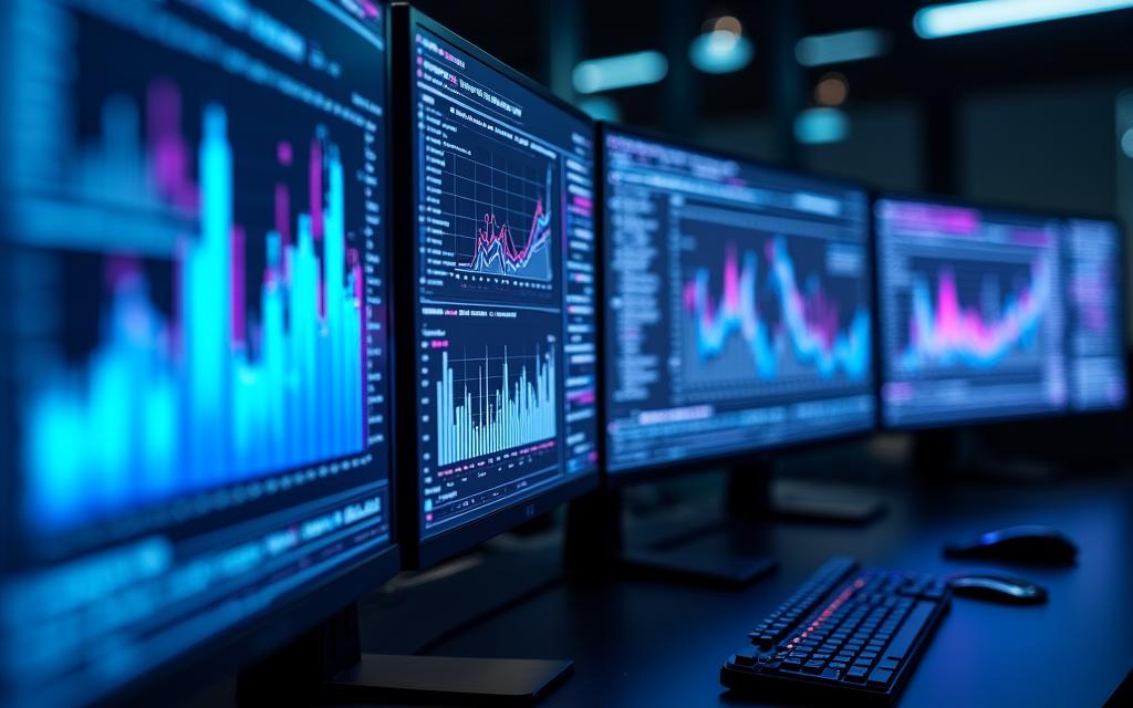 Futuristic multi-panel analytics dashboard with glowing data nodes and sleek dark UI