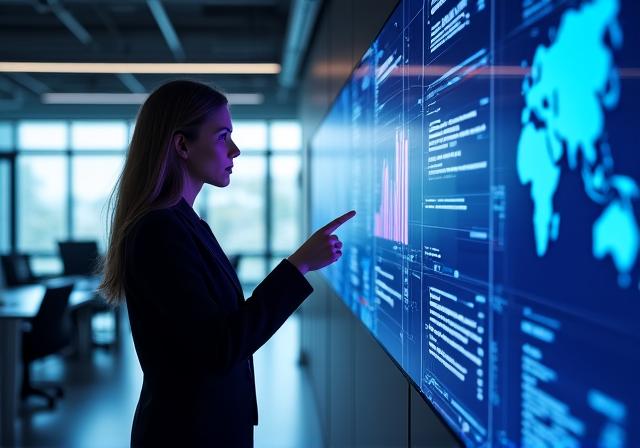 Modern workspace with data visualization screens